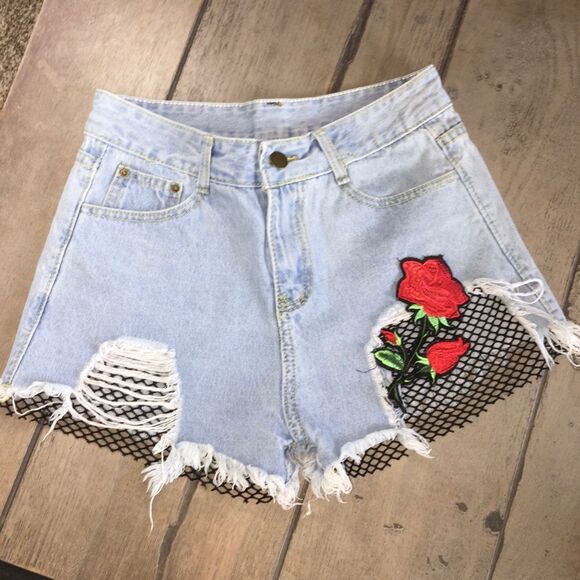 High Waisted Distressed Jean Shorts Small Red Rose Fishnet Punk Emo Rough Hem - Picture 1 of 10